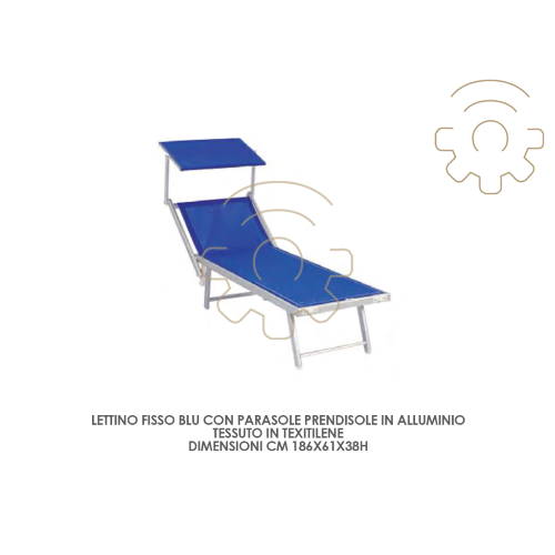 fixed blue sunbed with aluminum sunshade for sea and pool