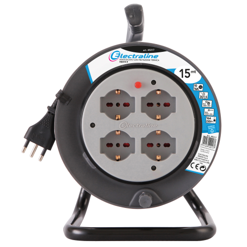 Cable reel ML.15 3x1.5 metal support 16A 2P + E plug 4 schuko / 2P + E bypass sockets with thermal protection