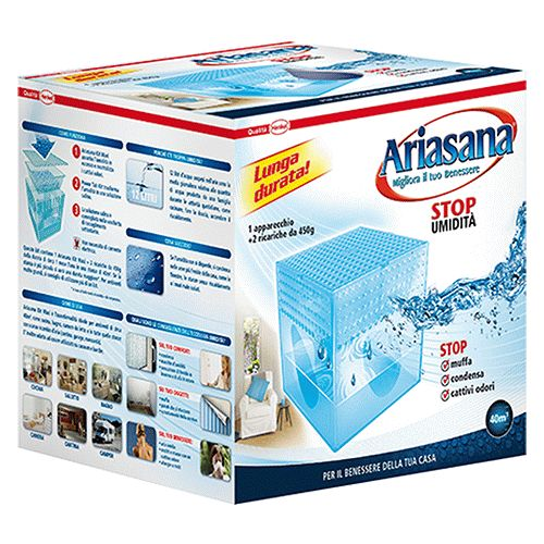 Kit d'absorption d'humidité Ariasana avec bac à cubes et 2 recharges de 450 gr adapté aux pièces jusqu'à 40 mètres carrés