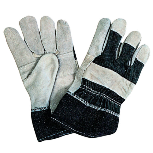 gants de travail en cuir de vachette refendu gris, dos et poignet en toile