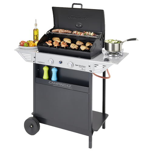 Rocky xpert200LS lava stone barbecue in steel with grill and side burner piezo electric ignition