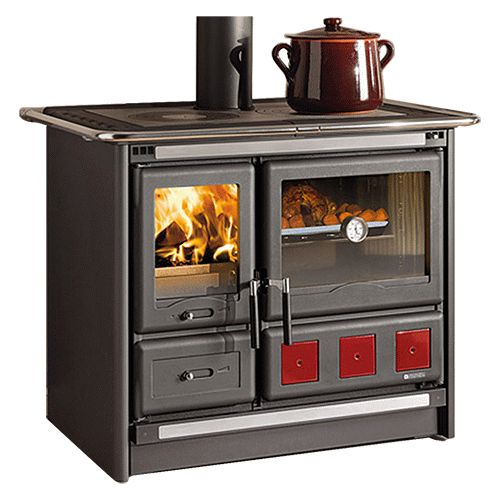 La Nordica Extraflame cucina stufa a legna Rosa XXL 8,5 kW 244 m³ in acciaio porcellanato nero antracite con inserti bordeaux