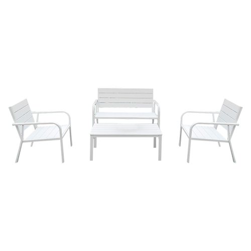 Arbus Gartenlounge mit zwei Stühlen Sofa Couchtisch aus lackiertem Metall und weißem thermoplastischem Harz für den Außenbereich