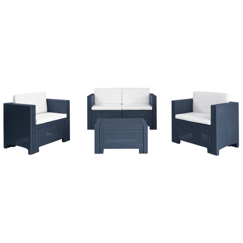 Salon Capri en résine effet polirattan anthracite composé d'un canapé de deux fauteuils et d'une table basse avec coussins de jardin extérieur