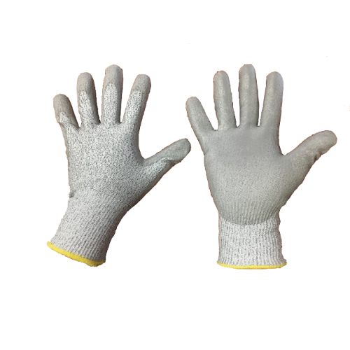 Gants de travail gris anti-coupure en fil Dyneema avec paume et doigts enduits de polyuréthane