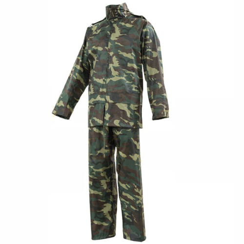 Completo impermeabile Hunting militare mimetico da caccia composto da giacca con zip cappuccio e pantalone in poliestere spalmato PVC