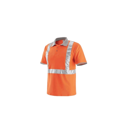 Hochsichtbares orangefarbenes Kurzarm-Poloshirt mit reflektierenden Bändern, die für die Konstruktion geeignet sind