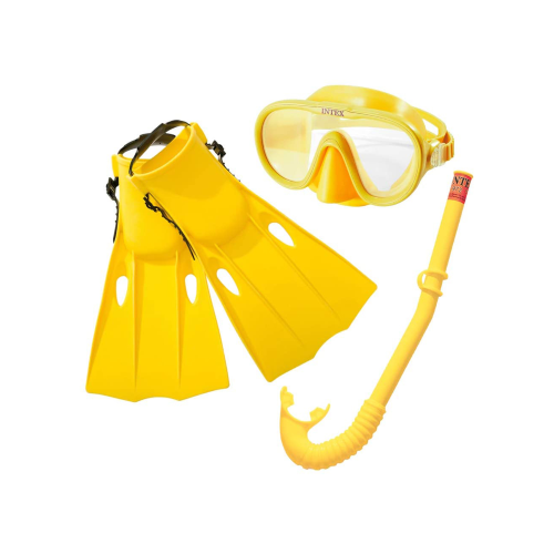 Intex 55655 ensemble de natation 3 pièces composé d'un masque, d'un tuba et de palmes en PVC sans latex à partir de 8 ans de couleur jaune pour mer lac et piscine