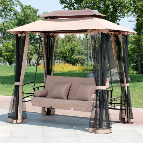 3-Sitzer Harem Schaukelstuhl zur Umwandlung in ein Stahlbett mit Polyesterplatte und Sitz mit Moskitonetz für den Garten im Freien