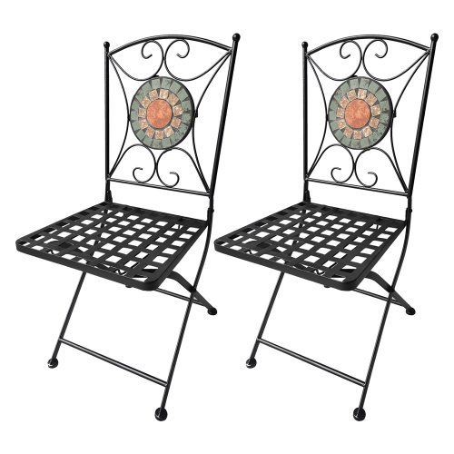 Coppia sedie Alice in metallo pieghevoli con decorazioni in mosaico simil pietra su schienale da giardino