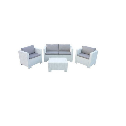 Capri Lounge aus weißem Harz mit Polirattan-Effekt bestehend aus einem Sofa zwei Sesseln und einem Couchtisch mit Gartenkissen im Freien