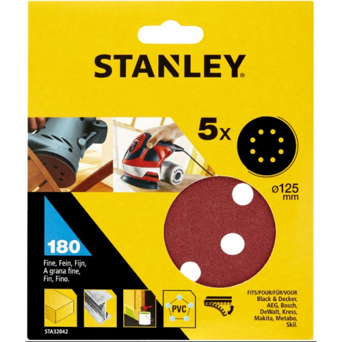 Stanley STA32042 cf 5 dischi da 125 mm a strappo grana 180 per levigatrici roto-orbitali