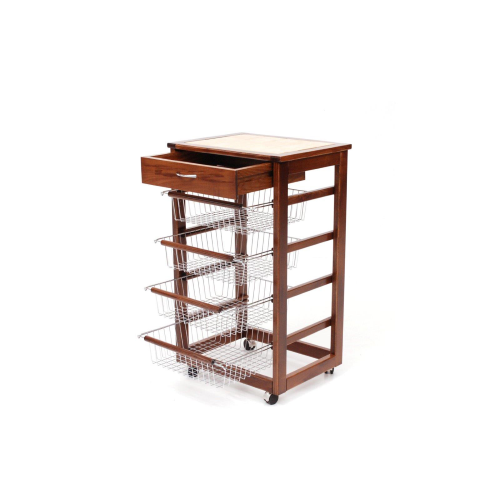 Eolo fruit basket in walnut color beech wood for kitchen with defective corner with drawer and 4 chromed steel baskets