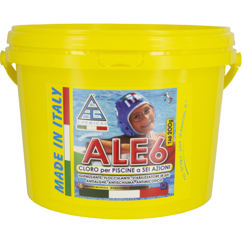 Cloro ALE6 multifuncional para piscinas Pastillas de 200 gr en envases de 5 kg seis acciones de liberación lenta