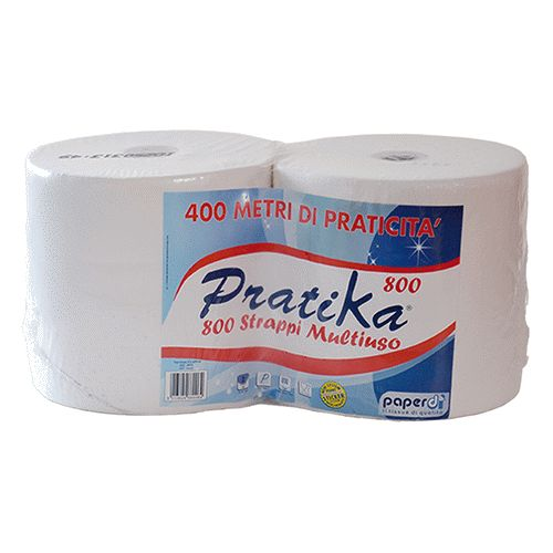 Pair of 2 rolls of Pratika cellulose paper 800 tears 2 plies micro-glued disposable reel for cleaning