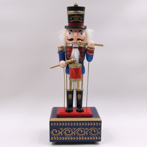 Cascanueces marioneta caja de música de madera h 31 cm decoración navideña azul y rojo con tambor interno
