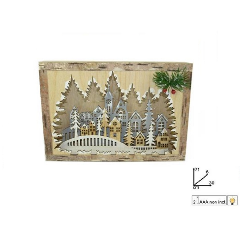 Scenario cornice in legno Due Esse paesaggio natalizio con luci alberi case 30x21 cm decorazioni natalizie a batterie