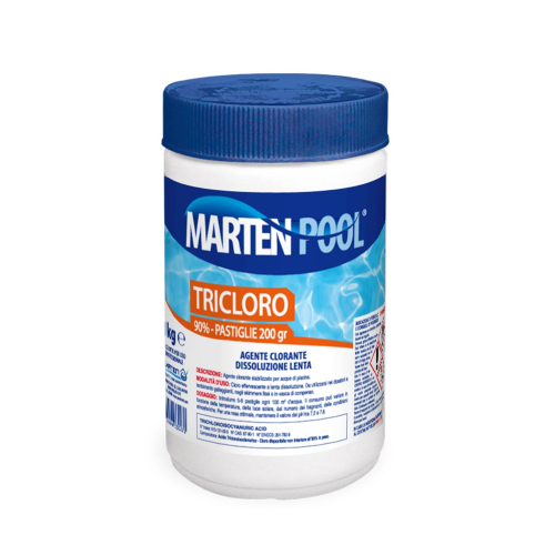 Chlore 90% trichloro en pastilles de 200 gr en bidon de 1 kg pour la désinfection de l'eau et de la piscine