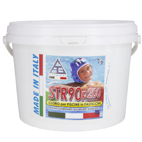 Chlore pour piscines STR90P200 en pastilles de 200 gr colis de 5 kg désinfectant et antibactérien