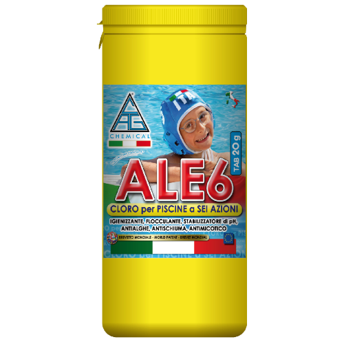 Cloro multifuncional ALE6 para piscinas comprimidos de 20 gr en envases de 1 kg seis acciones de liberación lenta
