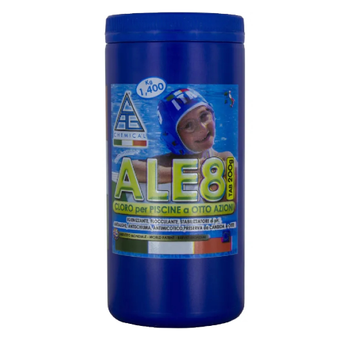 Chlore ALE8 multifonctionnel pour piscines Pastilles de 200 gr en pack de 1,4 kg avec 8 fonctions à dissolution lente