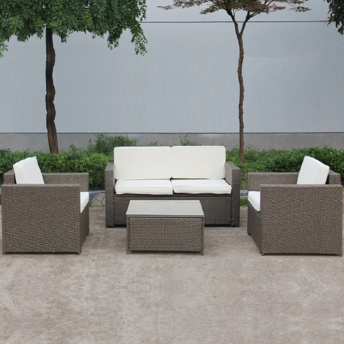 Maiorca garden lounge in polirattan composed of a sofa two armchairs with cushions and a coffee table with glass