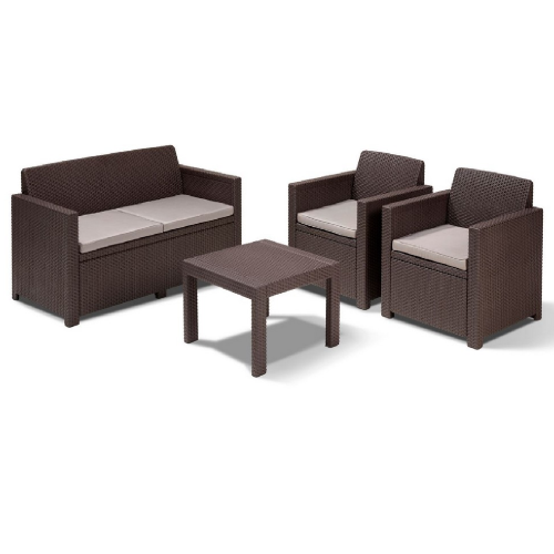 Salon Alabama en résine effet polirattan marron composé d'un canapé de deux fauteuils et d'une table basse avec coussins de jardin extérieur
