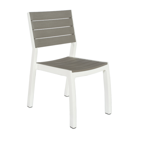 Chaise Harmony en résine antichoc et lattes effet bois blanc/gris tourterelle 54x58x86 cm pour jardin extérieur