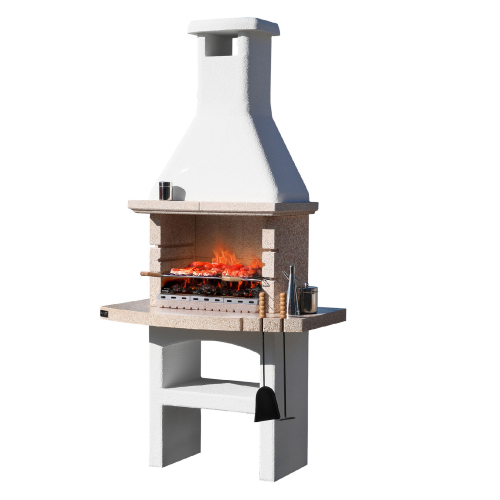 Tuareg Crystal charcoal or wood-burning barbecue in refractory concrete masonry with hood and grill in stainless steel