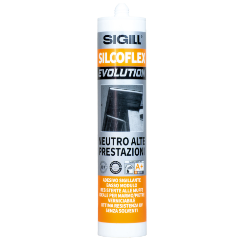 Sigill Silcoflex Evolution white neutral silicone cartridge 290 ml professional high performance for building tinsmith odorless windows and doors without solvents made in Italy