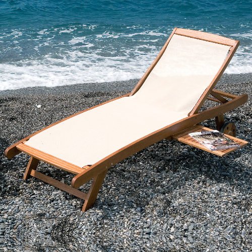 Bain de soleil en bois textile finition huile avec assise en toile 197x68x33 cm pour mer piscine jardin extérieur
