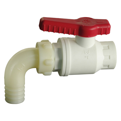 Ball valve with hose holder for 1x30 tank in non-toxic polypropylene for food