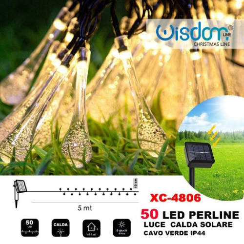 Wisdom Line XC-4806 stringa luminosa catena 10 mt serie da 50 luci gocce a pannello solare a led bianco caldo con 8 giochi di luce per uso esterno interno