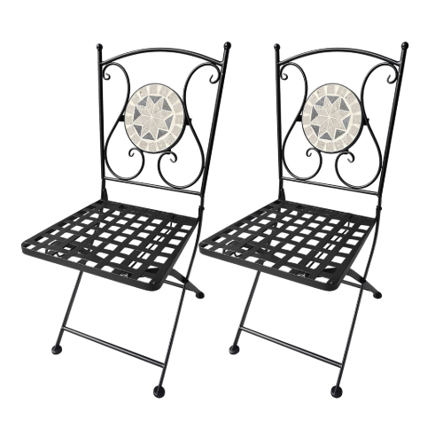 Coppia sedie Aurora in metallo pieghevoli con decorazioni in mosaico simil pietra su schienale da giardino