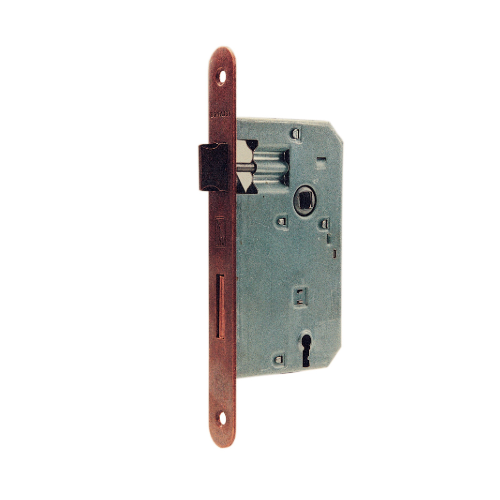 Serratura Patent piccola piastra arrotondata 8/90 mm entrata 50 mm in acciaio con finitura ottonata