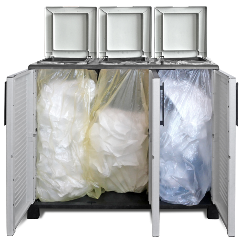 Abfallbehälter mit 3 Türen aus stoßfestem Harz 102 x 37 x 90 h cm für die getrennte Abfallsammlung wiederverschließbarer Beutelhalter mit Deckel und Öffnung vorne