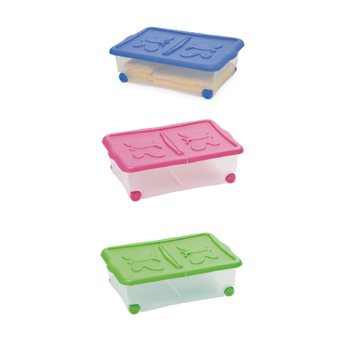 Container 1 pc with wheels and gull-wing lid in assorted colors cm 60x40x18h Rolling in shockproof ABS