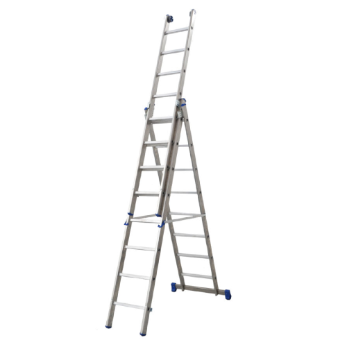 Escalera profesional azul de tres tramos en aluminio 12+12+12 peldaños altura min/max 360/810 cm con base estabilizadora