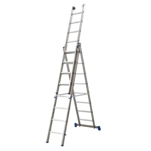Scala Azzurra professionale a tre tronchi in alluminio 12+12+12 gradini altezza min/max 360/810 cm con base stabilizzatrice