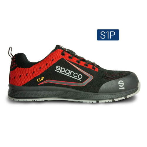 Chaussures de travail de sécurité basses Sparco Cup Albert S1P SCR en tissu jacquard ultra-respirant noir/rouge avec embout et renfort