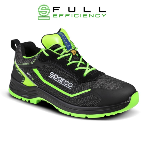 Chaussures de travail de sécurité basses Sparco Indy E-Forester ESD S3S en matériau anti-abrasion noir/vert fluorescent à pleine efficacité avec embout en fibre de verre