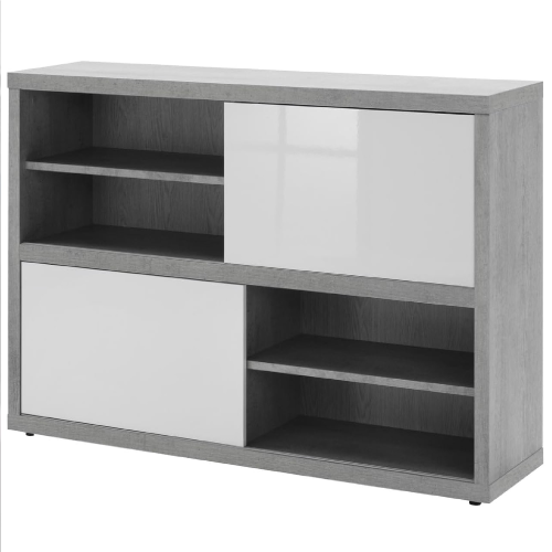 Pratico mobile basso cm35,6x140x87h colore cemento e ante laccato bianco lucido ufficio casa 