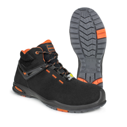 Zapatos de trabajo Pezzol Axel S3 SRC de gamuza alta resistente al agua negro y naranja hechos en Italia