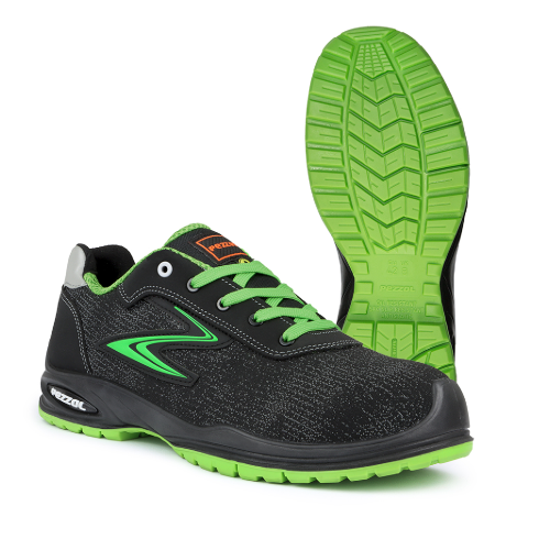 Pezzol Goblin S3 ESD SRC scarpe da lavoro basse antinfortunistiche PU Tek tessuto resistente ed idrorepellente riciclato nero/verde fluo