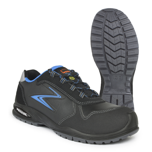 Zapatos de trabajo de seguridad Pezzol Salento S3 ESD SRC de piel negra con inserciones sin metal azul claro fabricados en Italia