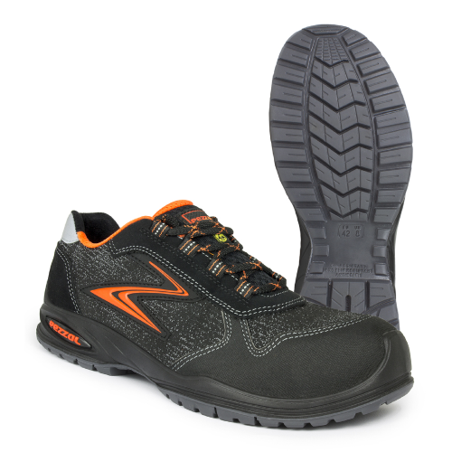 Pezzol Targa S3 low safety winter work shoes in black/orange metal free water-repellent leather made in Italy