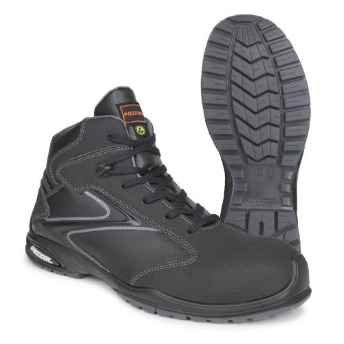 Chaussures de travail haute sécurité Pezzol Leopard S3 ESD SRC en cuir pleine fleur hydrofuge Idrotech et éléments X-Leather noir/gris