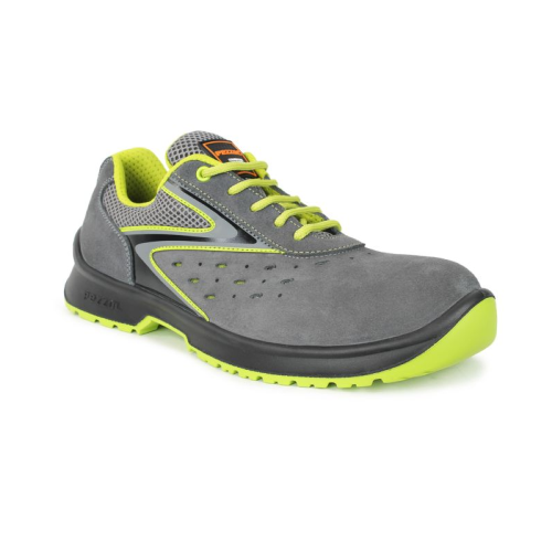 Pezzol Silver Gray S1P SRC low safety work shoes in breathable grey/fluorescent green suede leather made in Italy