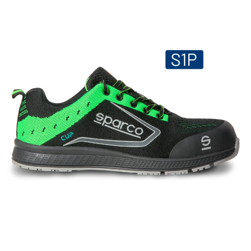 Chaussures de travail de sécurité basses Sparco Cup Adelaide S1P SRC en tissu jacquard respirant noir/vert fluo avec embout et renfort sur la pointe