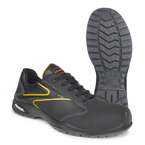 Pezzol Onyx S3 safety work shoes in black leather / yellow metal free water-repellent elements made in Italy